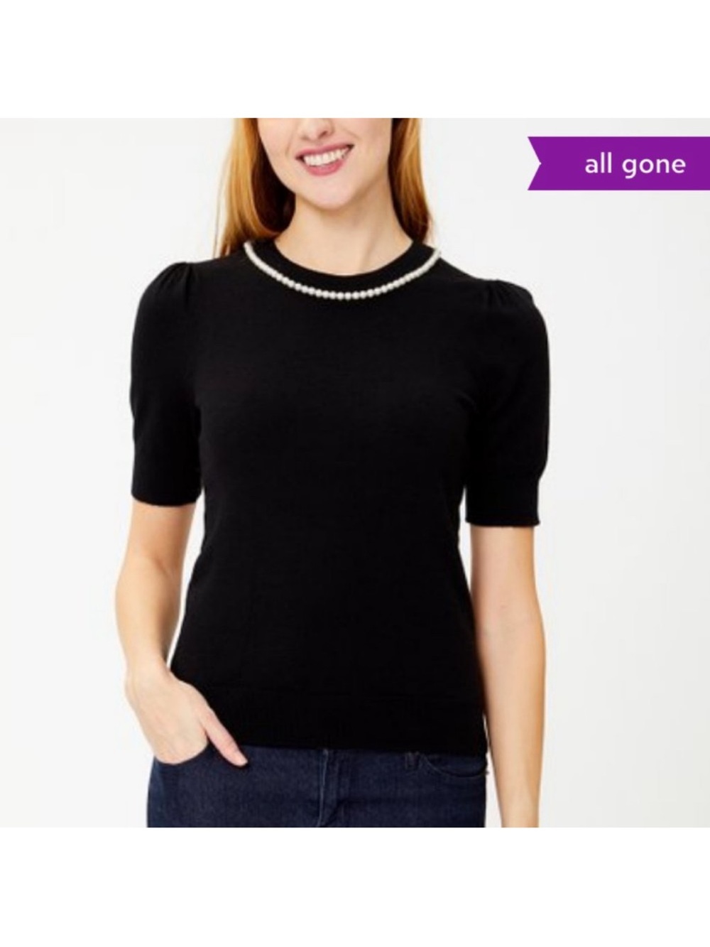 kate spade Black Pearl-Trim Short Sleeve sweater